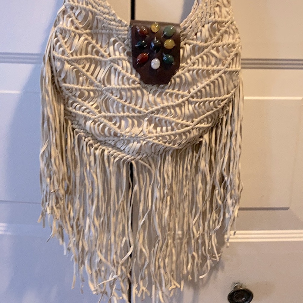 ORCIANI Beige Cloth Shoulder Bag w/Leather Fringes